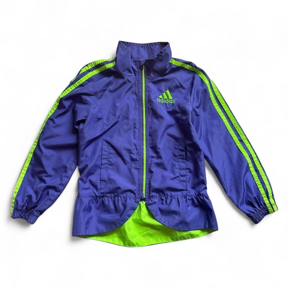 Adidas Girls Peplum Windbreaker Jacket Size 5 Purple Green Y2K Sporty Chic